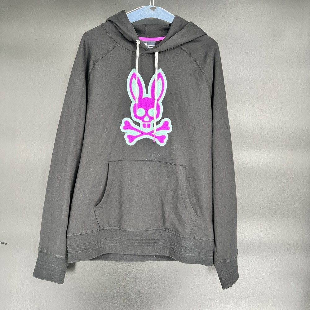 Psycho Bunny Hoodie Men's Size Medium Black Pink/Purple Logo Long Sleeve Cotton